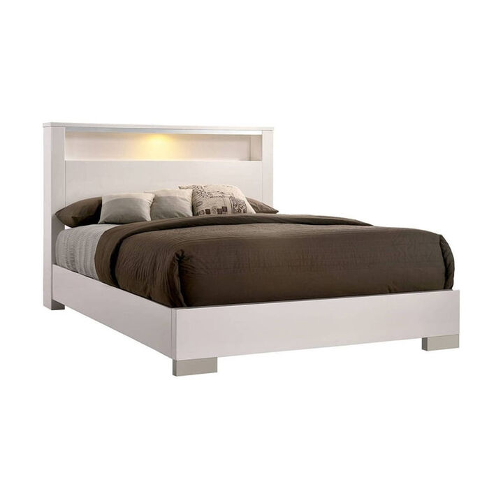 Queen Size Bed with Open shelf, White - Benzara