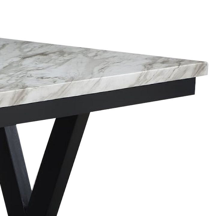 Oliver 72 Inch Dining Table With Faux Carrara Marble Top, White and Black - Benzara