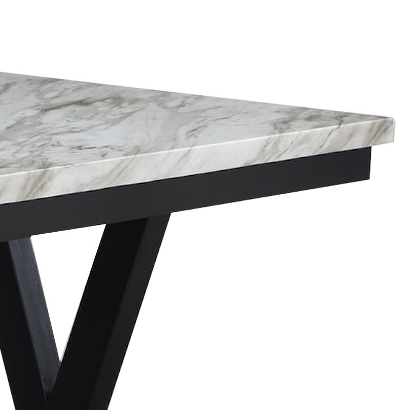 Oliver 72 Inch Dining Table With Faux Carrara Marble Top, White and Black - Benzara