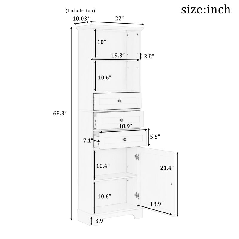 White Tall Storage Cabinet with 3 Drawers and Adjustable Shelves