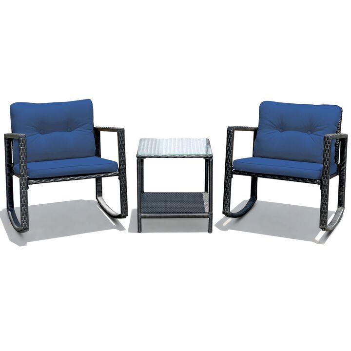 3 Pieces Cushioned Patio Rattan Set with Rocking Chair and Table