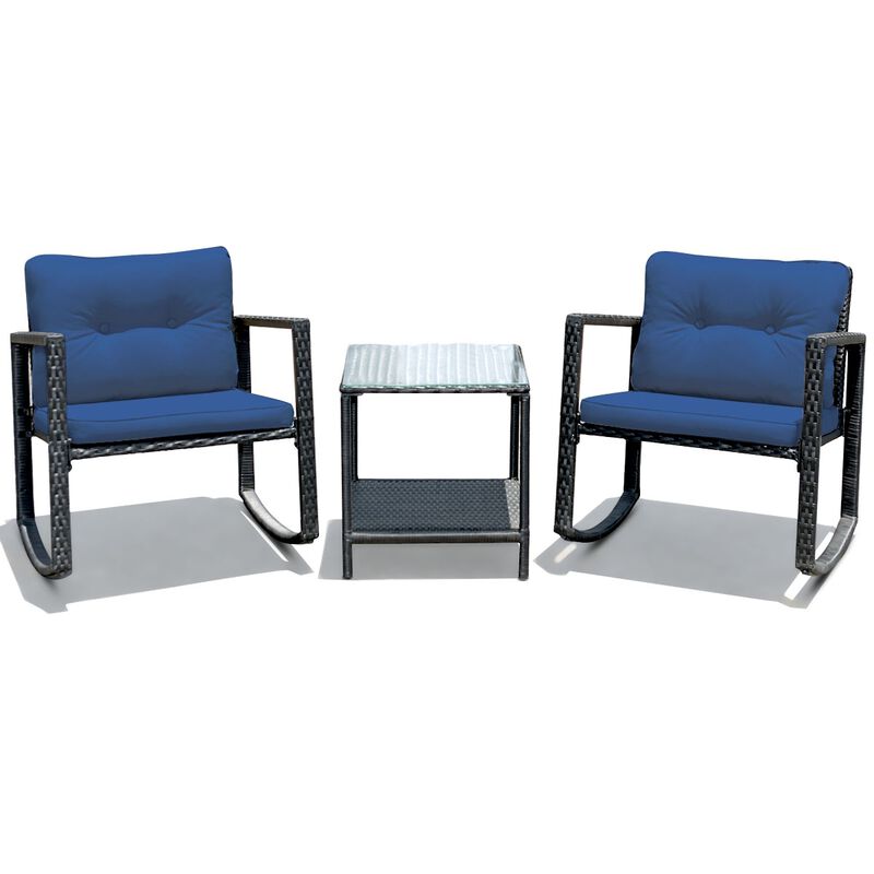 3 Pieces Cushioned Patio Rattan Set with Rocking Chair and Table
