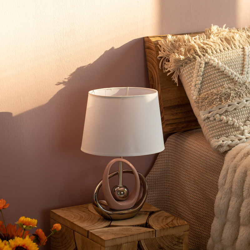 Table Lamps, Decorative Ceramic Table Lamp, with Beige, Brown, and White Stones and Beige Linen Lampshade, 14 inches tall, Unique Lamp for Living Room or Bedroom, Set of 2