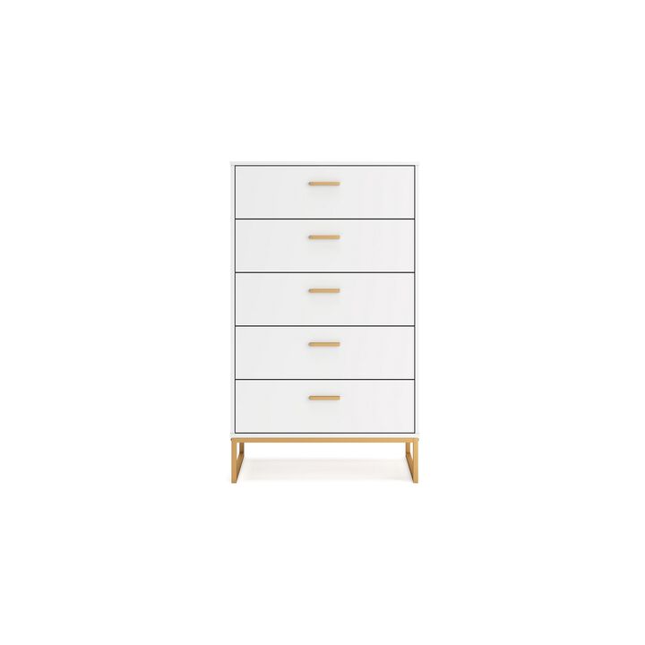 Alli Tall Dresser Chest, 5 Drawers, Matte White, Gold Metal, 51 Inch - Benzara