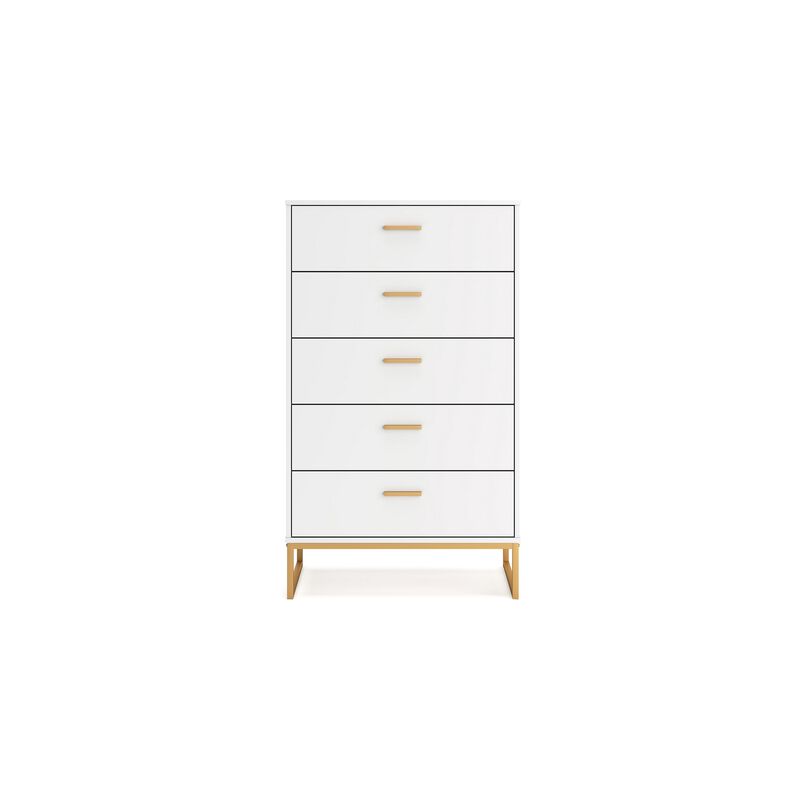 Alli Tall Dresser Chest, 5 Drawers, Matte White, Gold Metal, 51 Inch - Benzara