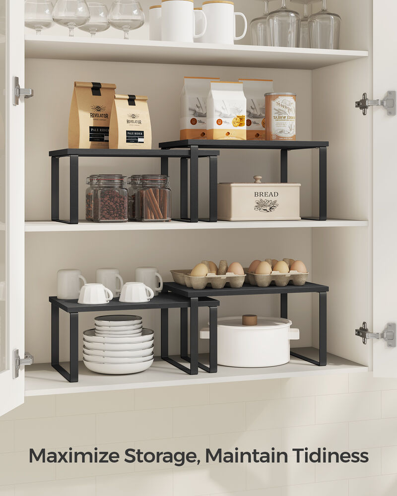 Expandable and Stackable Cabinet Shelf Organizer – Metal and Bamboo Kitchen Counter Shelves, Set of 2