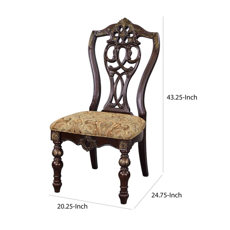 Fabric Upholstered Wooden Side Chair With Intricate Back, Set of 2 , Cherry Brown-Benzara