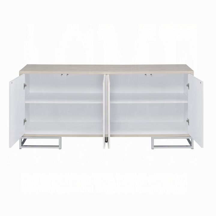 Anok Sideboard Console Cabinet, White Marble Look, Chrome, 65 Inch - Benzara