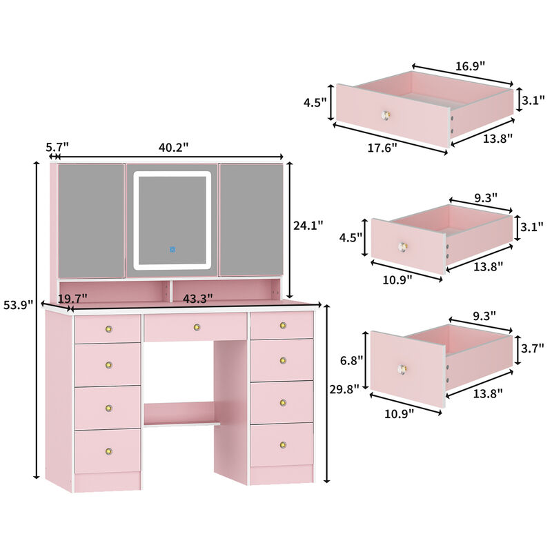 FUFU&GAGA 43.3" Pink Makeup Vanity with LED Mirror, 9 Drawers and Adjustable Storage (43.3" W x 53.9" H x 19.7" D),Pink