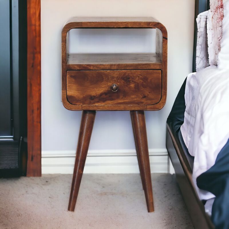 Mini Chestnut Curved 1 Drawer Nightstand  with Open Slot