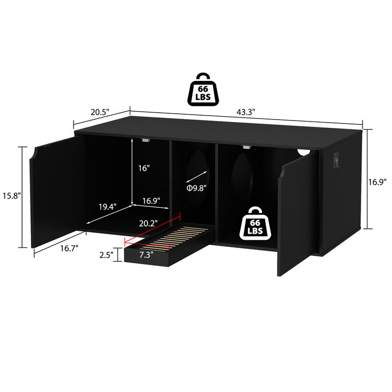 Cat Litter Box Enclosure for 2 Cats, Wood Stackable Cat Washroom Storage Bench End Table Furniture, Black
