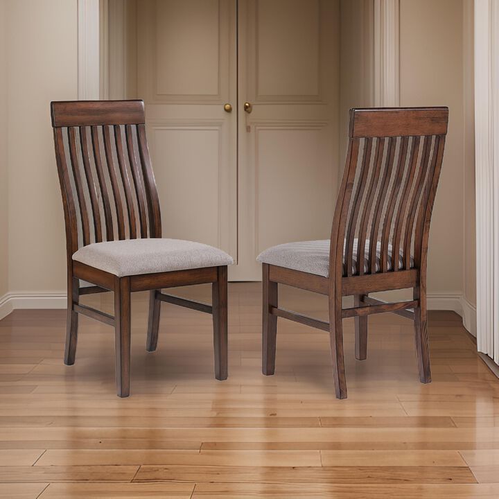 Brar Dining Chair Set of 2, Light Brown Fabric, Slat Back, Brown Hardwood - Benzara
