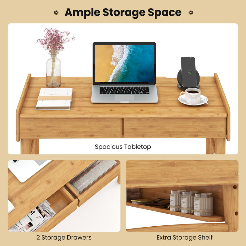 Bamboo Writing Desk with 2 Storage Drawers and Open Shelf-Natural