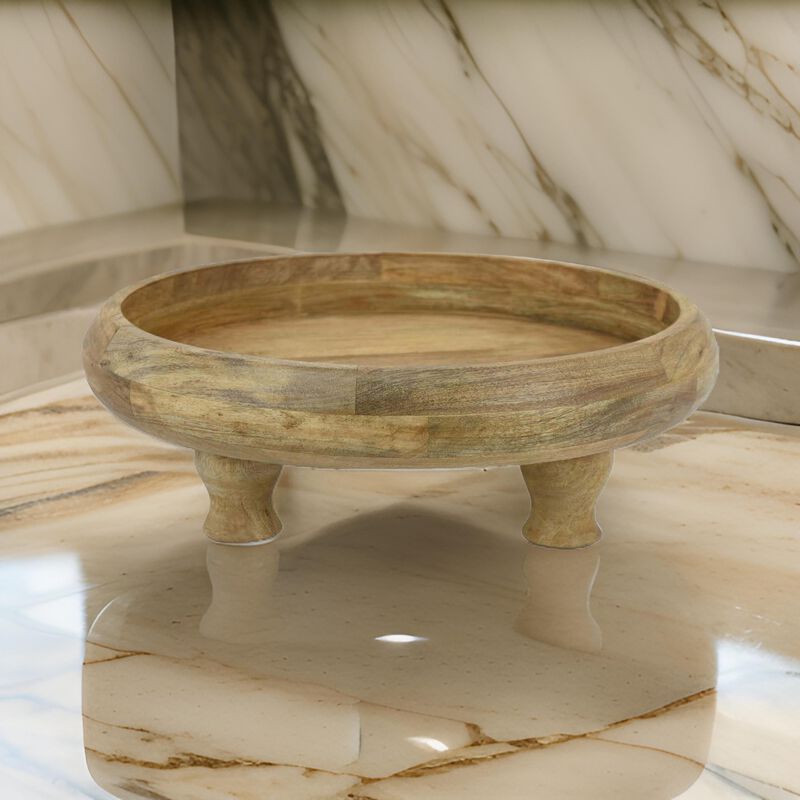 Remi 17 Inch Wood Decorative Bowl, Footed Pedestal Brown Solid Wood - Benzara