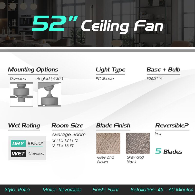 52 Inch Ceiling Fan with 3 Wind Speeds and 5 Reversible Blades