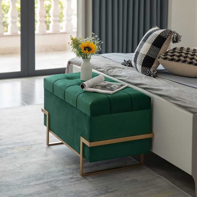 Rectangle Velvet Storage Ottoman Stool Box with Abstract Golden Legs | Decorative Sitting Bench for Living Room Home Decor with Unique Base Support (Green Large)