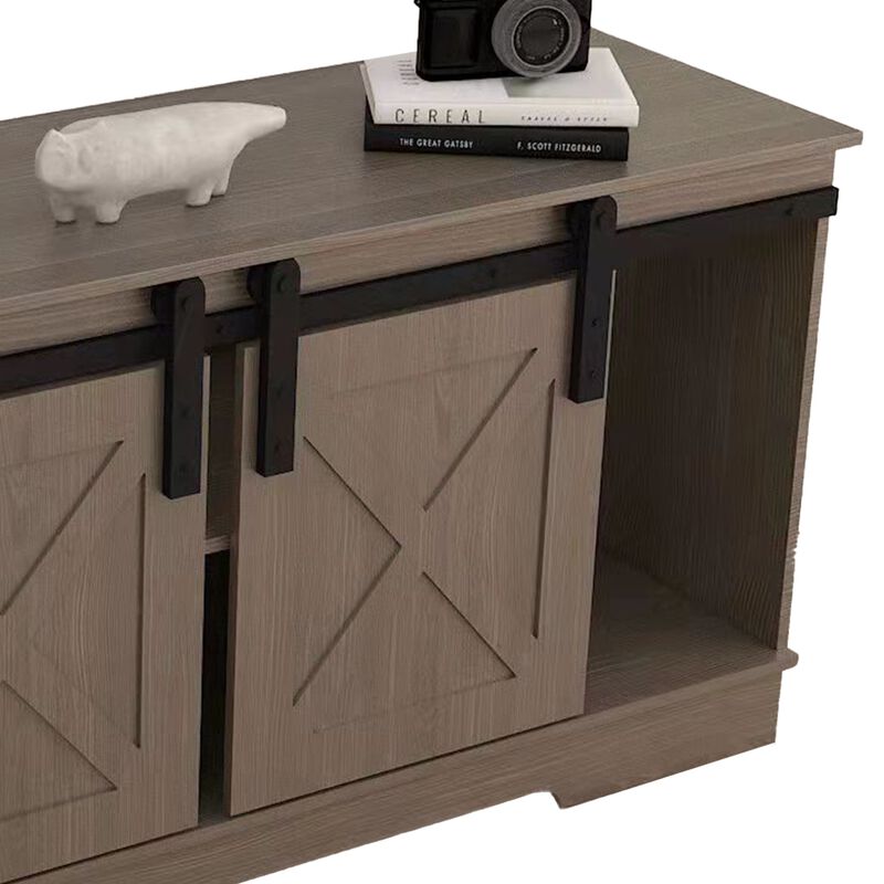 Jney 60 Inch TV Media Entertainment Console, 2 Sliding Barn Doors, Gray - Benzara