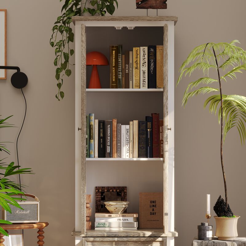 FUFU&GAGA Modern Tall Bookshelf with Glass Doors and Drawers for Home Office and Study, (23.6" W x 73" H x 15.7" D), White & Brown