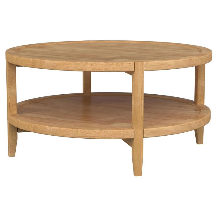 Camilia Coffee Table, 1 Shelf, Round Maple Brown Solid Wood, 36 Inch  - Benzara