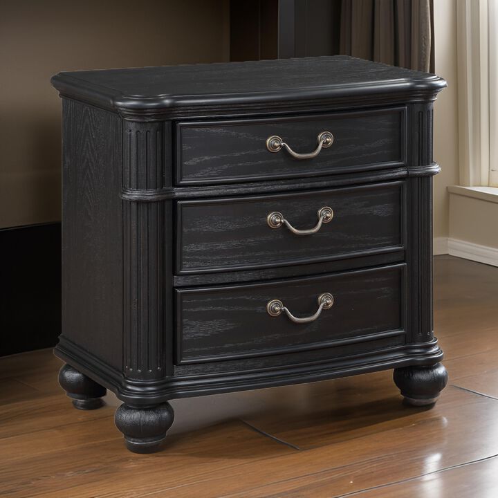 Selena Nightstand, 3 Drawers, Metal Handles in Antique Copper Tone, Black - Benzara