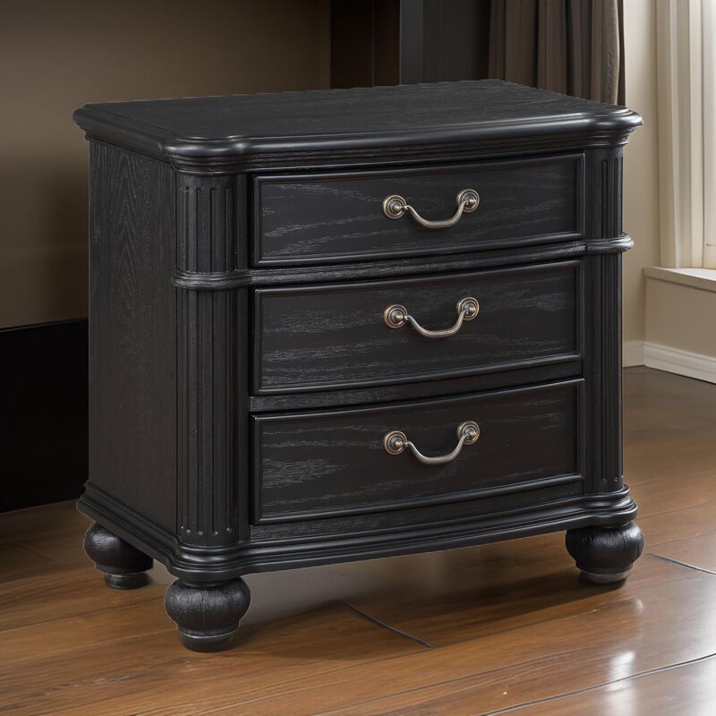 Selena Nightstand, 3 Drawers, Metal Handles in Antique Copper Tone, Black - Benzara