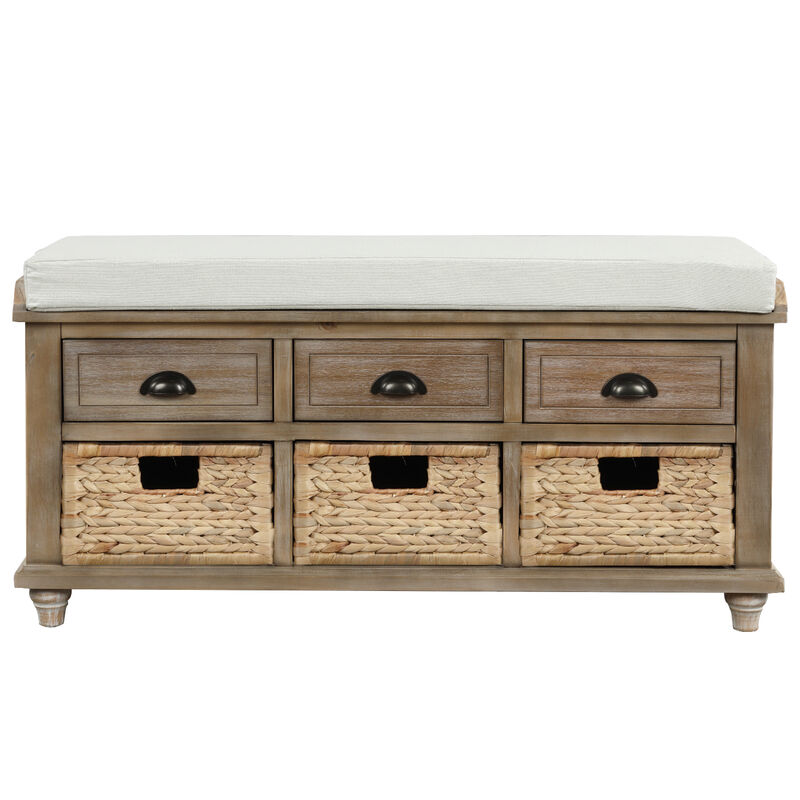 Rustic Storage Bench With 3 Drawers And 3 Rattan Baskets, Shoe Bench For Living Room