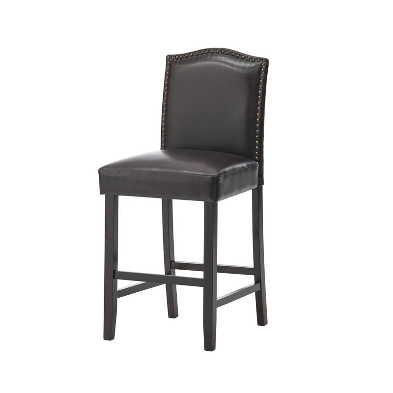 Counter Height Chair Set of 2, Nailhead Trim, Brown and Walnut Faux Leather - Benzara