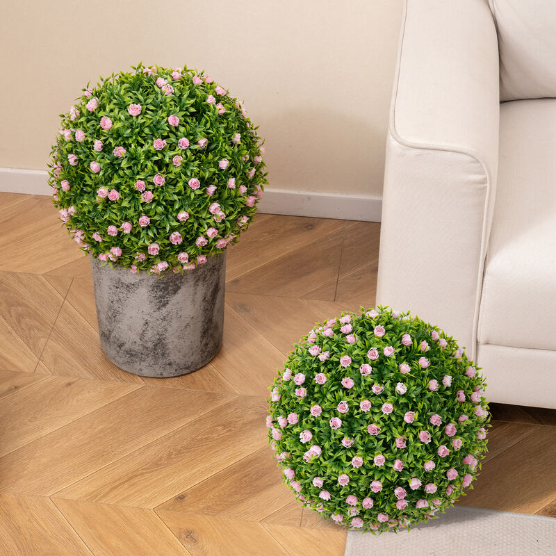 2-Piece 17.5" Artificial Topiary Balls with Faux Pink Flowers for Outdoor and Home Decor