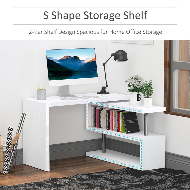 White Corner Workstation: L-Shaped Desk with 360° Rotating Design