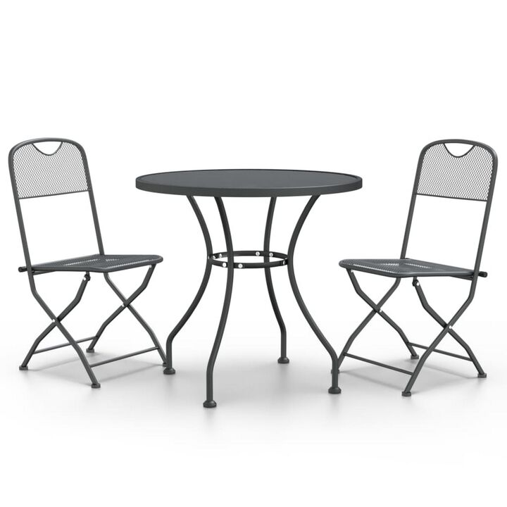 3pc Outdoor Patio Dining Table Set, 2 Chairs, Round Top, Black Metal - Benzara