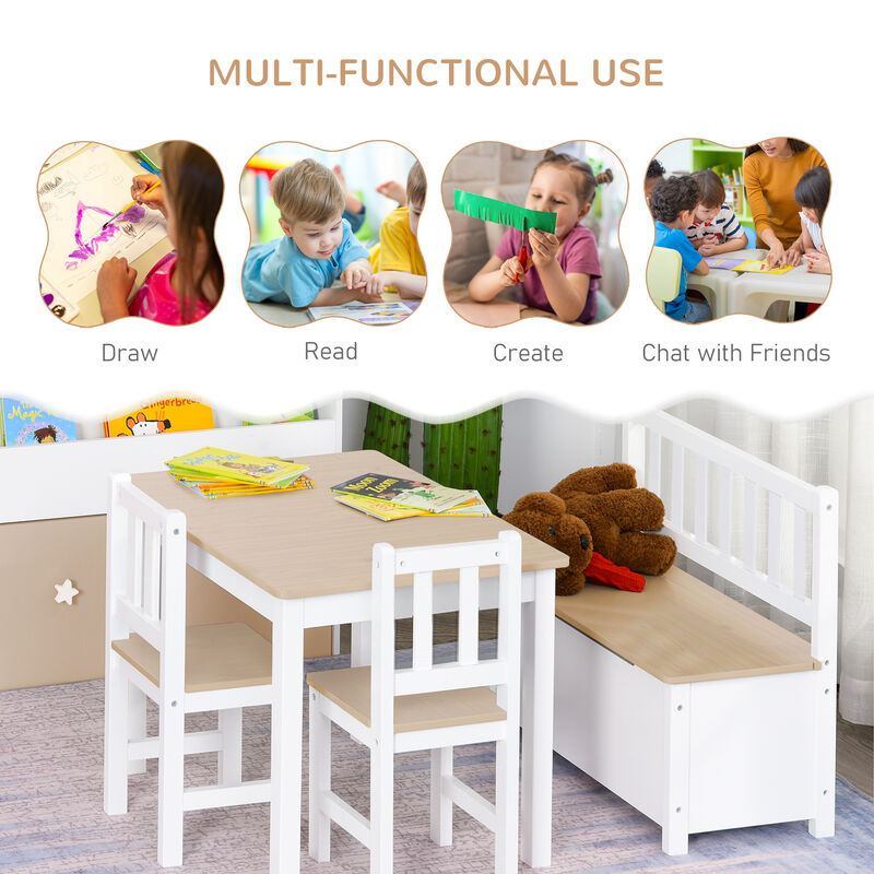Qaba 4-Piece Kids Table Set with 2 Wooden Chairs, 1 Storage Bench, and Interesting Modern Design, Grey/White