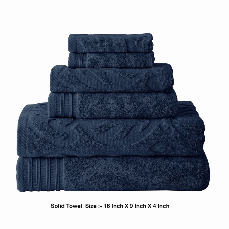 Oya 6 Piece Soft Egyptian Cotton Towel Set, Medallion Pattern, Navy Blue-Benzara