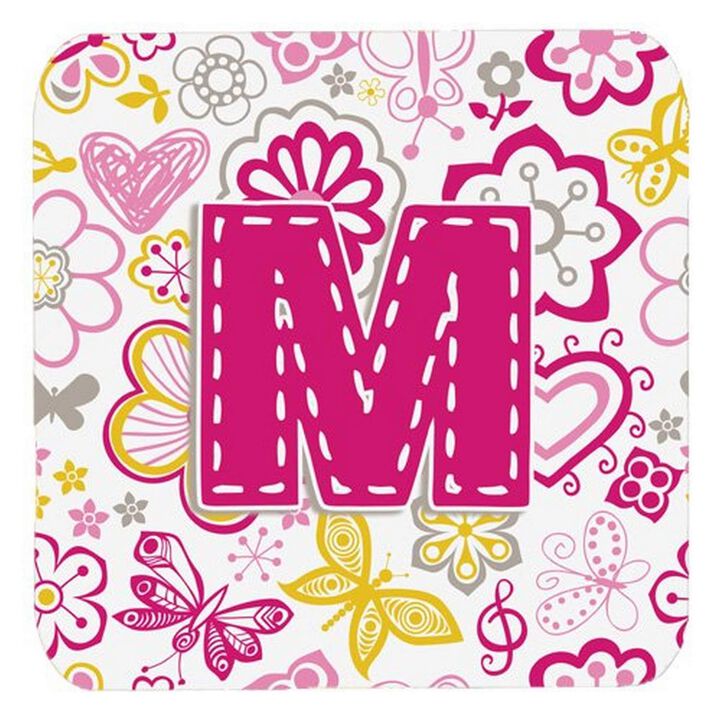 Caroline's Treasures CJ2005-MFC Letter M Flowers and Butterflies Pink Foam Coasters (Set of 4), 3.5, Multicolor