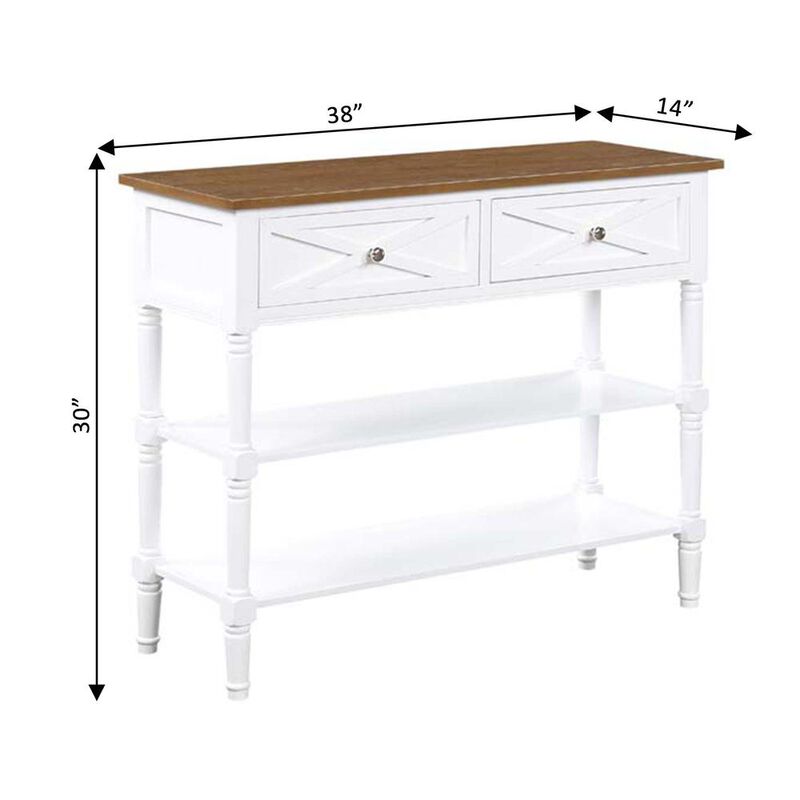Convenience Concepts Country Oxford 2 Drawer Console Table with Shelves, Driftwood Top/White Frame