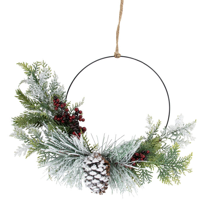 Frosted Mixed Foliage with Berries and Pinecone Artificial Christmas Wreath  16-Inch  Unlit