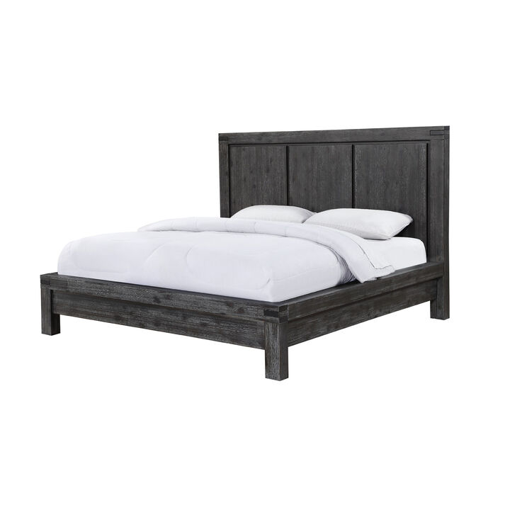 Pim Solid Wood Platform Queen Bed, Plank Panel Headboard, Brushed Gray - Benzara