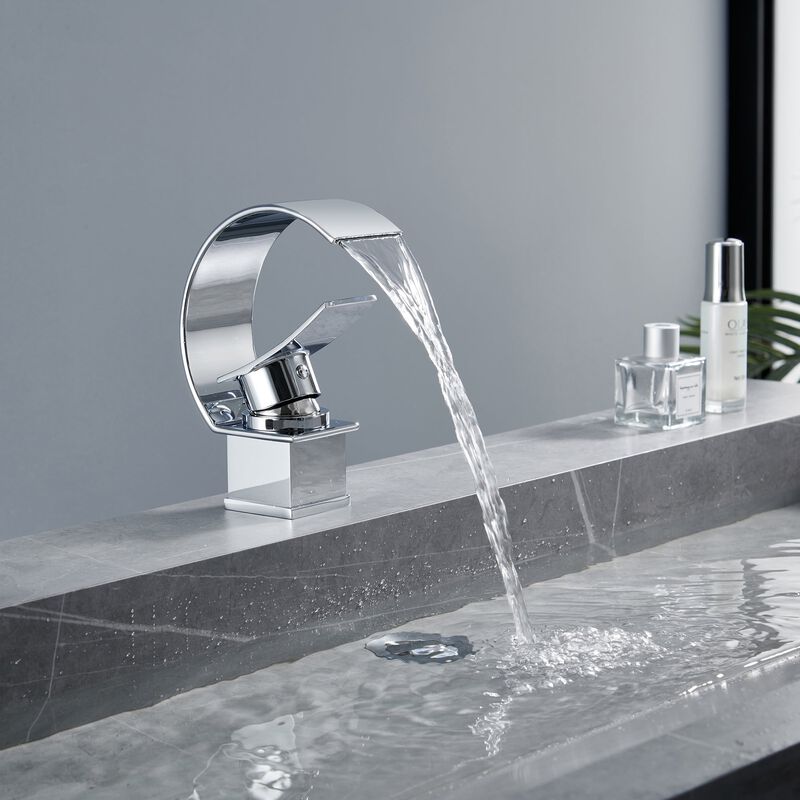 Mondawe Luxury C-Shape Arc Waterfall Spout Single Handle 8 inch Widespread Bathroom Sink Faucet With Pop-up Drain in Chrome