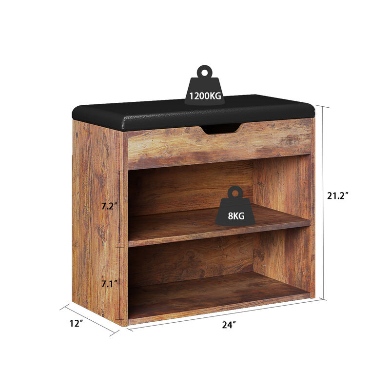 21.2 in. H x 24 in. W 6-Pair Shoes Brown Wood Shoe Storage Bench with Hidden Storage Compartment