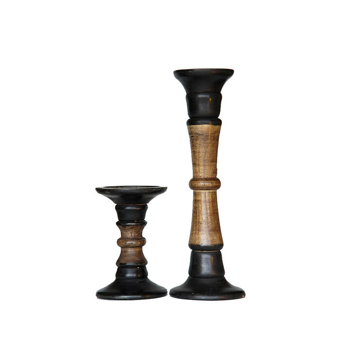 Traditional Dark Polish Eco-friendly Handmade Mango Wood Set Of Two 6" & 15" Pillar Candle Holder