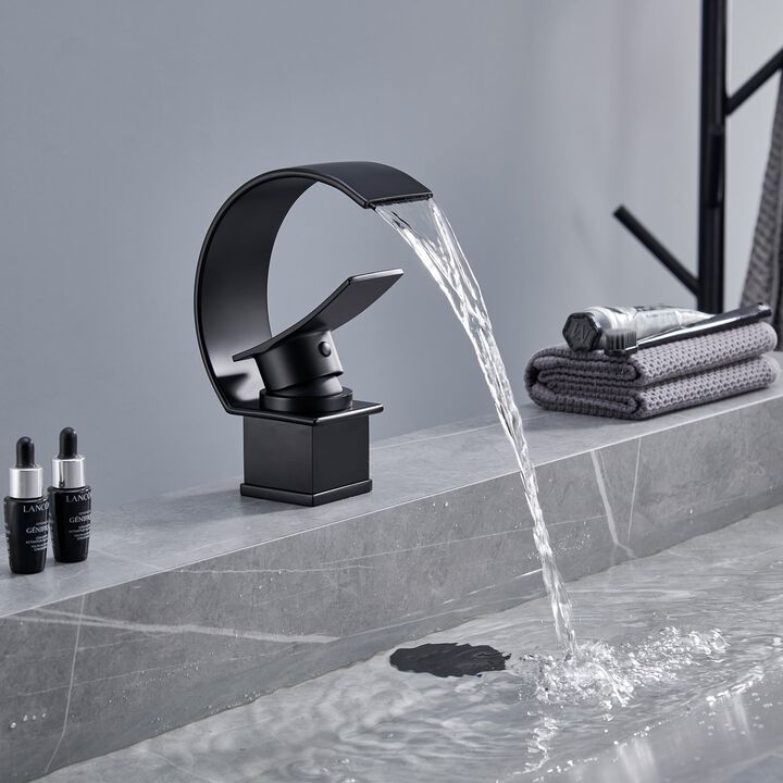 Mondawe Luxury C-Shape Arc Waterfall Spout Single Handle 8 inch Widespread Bathroom Sink Faucet With Pop-up Drain in Chrome