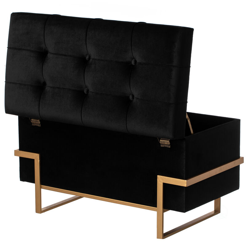 Rectangle Velvet Storage Ottoman Stool Box with Abstract Golden Legs | Decorative Sitting Bench for Living Room Home Decor with Unique Base Support (Black Large)