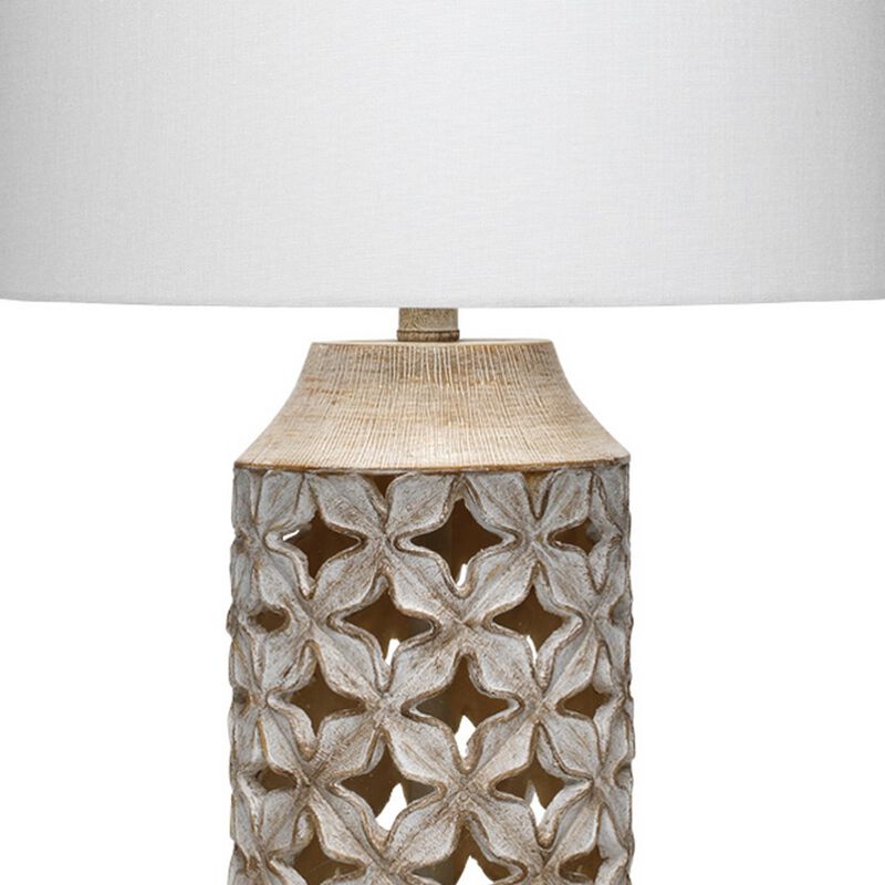 Resin Table Lamp with Geometric Cutouts, White and Gray-Benzara