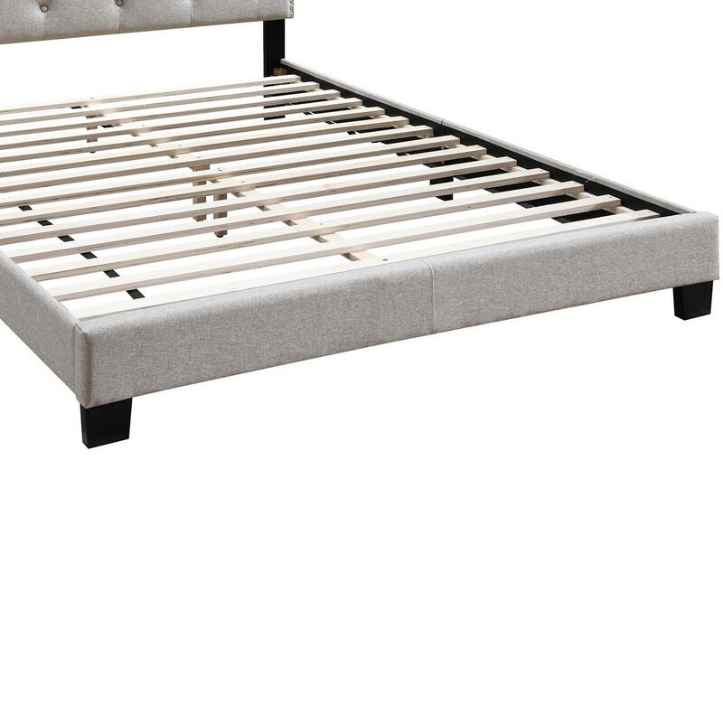 Queen Bed with Button Tufted Scalloped Headboard, Light Brown-Benzara
