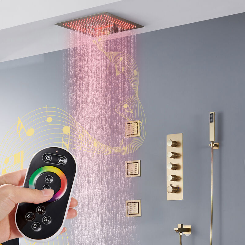 Mondawe 64 Colors LED Light and Music 4 Functions 5 Sprays Flush Ceiling Mounted Thermostatic Shower System with 3 Body Jets and Rough-in Valve in Brushed Gold