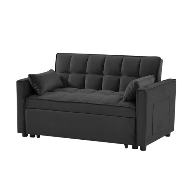 Modern Velvet Loveseat Futon Sofa Couch w/Pullout Bed,Small Love Seat Lounge Sofa w/Reclining Backrest,Toss Pillows, Pockets,Furniture for Living Room,3 in 1 Convertible Sleeper Sofa Bed, Black