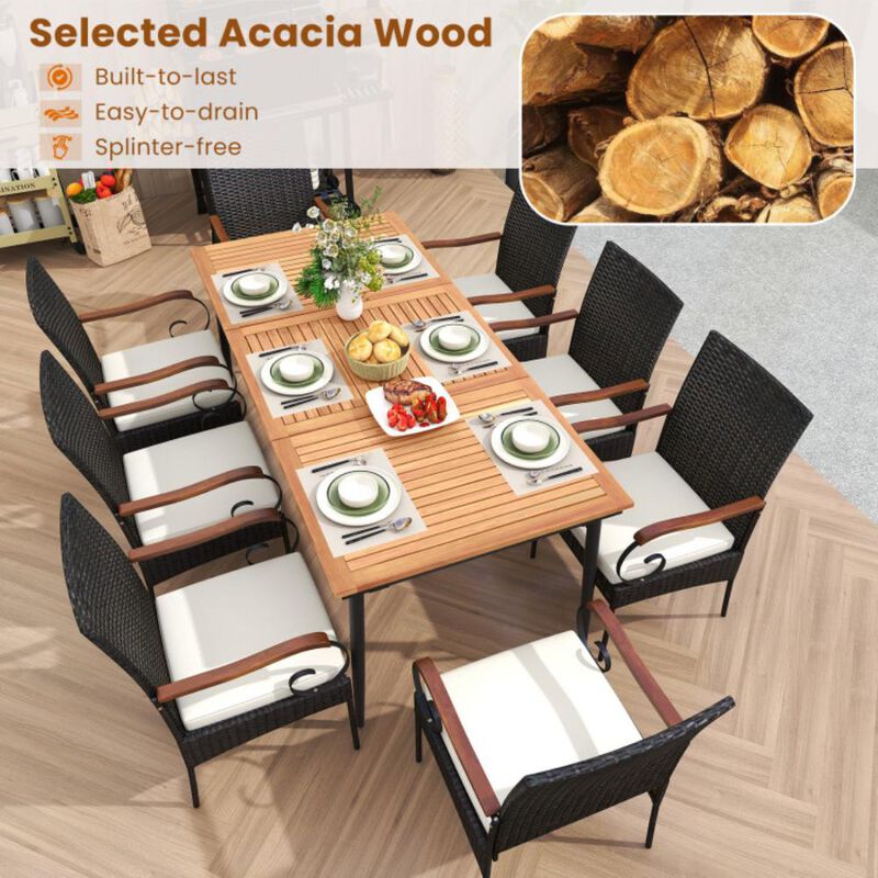 Hivvago 79 Inch Outdoor Dining Table and 8 Rattan-woven Dining Chairs with Acacia Wood Tabletop