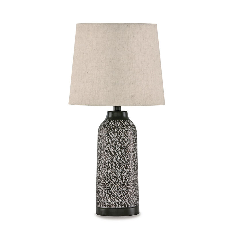 Table Lamp Set of 2, Beige Drum Shade, Black Hammered Motif Metal Base - Benzara