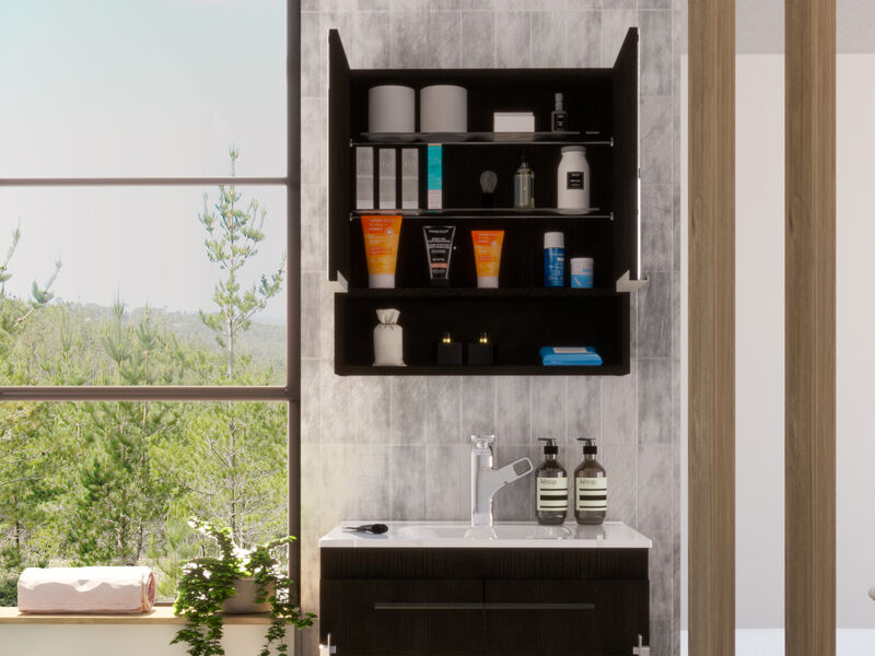DEPOT E-SHOP Tatacoa Mirror Medicine Cabinet, One Open Shelf, Three Interior Shelves, Black