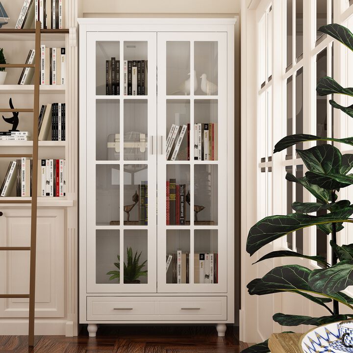 70.9"H Modern White Bookcase With Adjustable Shelves And Glass Doors