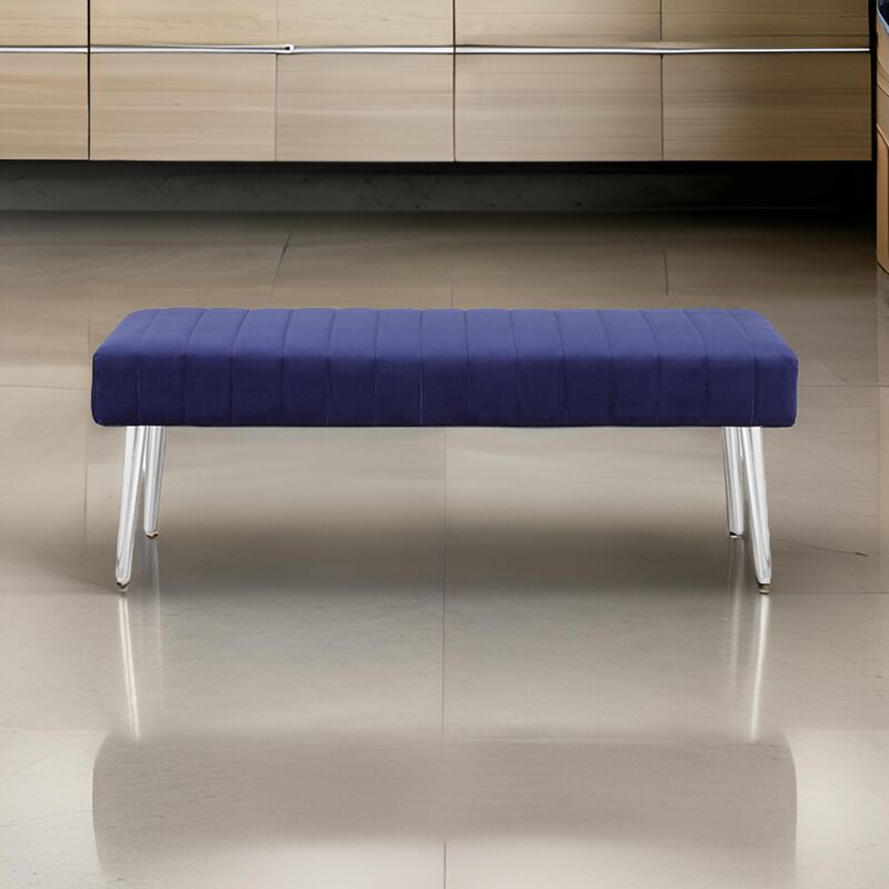 Lida 45 Inch Bench, Modern Tufted Lines, Blue Soft Velvet, Chrome Metal - Benzara